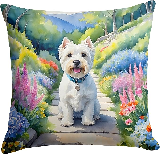 Caroline's Treasures Westie Spring Path Throw Pillow Machine Washable, Indoor Outdoor Decorative Pillow for Couch, Bed or Patio, 14Hx14W