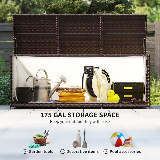 Outsunny 175 Gallon Outdoor Storage Box with Inner Liner, PE Rattan Wicker Deck Box with Pneumatic Bar Lift for Indoor & Outdoor, Patio Furniture Cushions, Pool Supplies, Garden Tools, Mixed Brown
