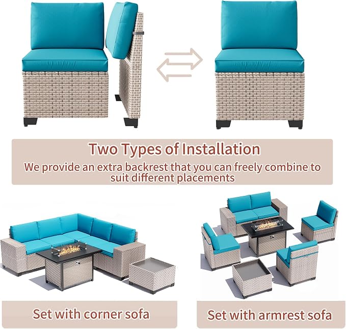 7 Pieces Patio Furniture Set with Fire Pit Table, Outdoor Sectional Wicker Sofa with Thickened Cushions and Coffee Table, High Back Rattan Patio Conversation Sets, Cyan