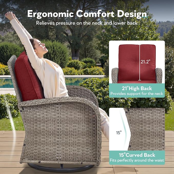 6 Piece Patio Furniture Set - Wicker Patio Conversation Set with Swivel Glider, 3-Seater Sofa, Tempered Glass Side Table and 2 Ottomans for Deck Backyard - Grey Wicker Red Cushion