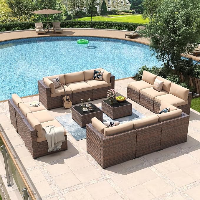 14 Piece Wicker Rattan Patio Furniture Set with Outdoor Sectional Sofa, Modular Conversation Seating, Coffee Table and Thick Cushions, PE Wicker Lounge Set for Deck, Garden, Backyard, Porch or Poolsid