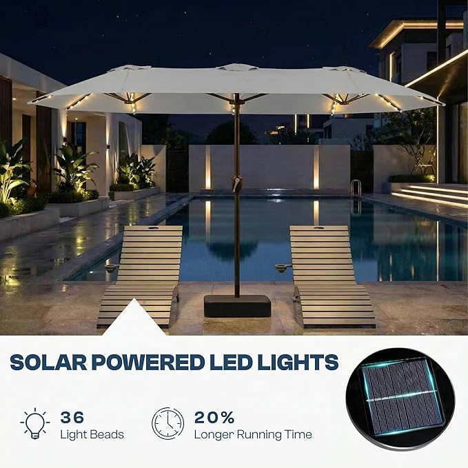 15FT Patio Umbrella with Solar Lights, Double-Sided Extra Large Outdoor Table Umbrella with Base Included, Heavy-Duty 12 Iron Ribs Market Umbrella for Garden, Pool, Backyard, Light Gray