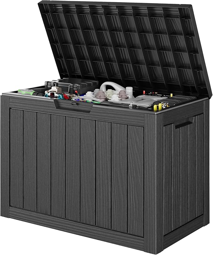 Outdoor Storage Box, 45 Gallon Deck Box with Lockable Lid, Waterproof Resin Storage Bin for Cushions, Garden Tools, Patio Furniture, Black