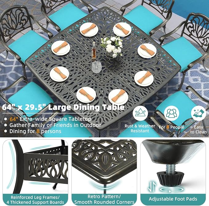 MEETWARM 9-Piece Outdoor Furniture Dining Set for 8, All Weather Cast Aluminum Patio Dining Set- Large 64" Square Table with Umbrella Hole, 8 Cushioned Chairs, Patio Table and Chairs Set, Ocean Blue
