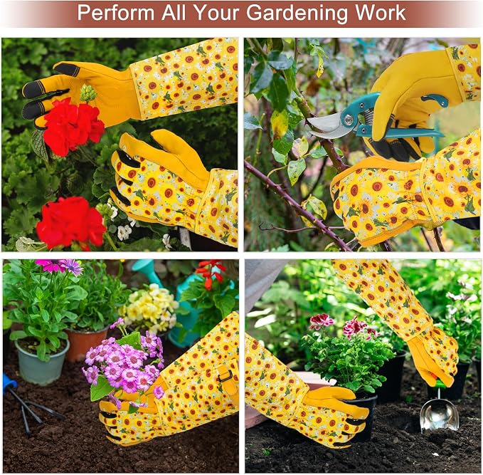 DLY Gardening Gloves for Women, Rose Gloves Gardening Thorn Proof, Long Garden Gloves for Women, Breathable Cowhide Leather Gauntlet (X-Large, Yellow | Thornproof Cowhide Palm, Foam-Padded Grip, Long Yellow Sunflower Print Cuff, 3-Finger Touchscreen, P...