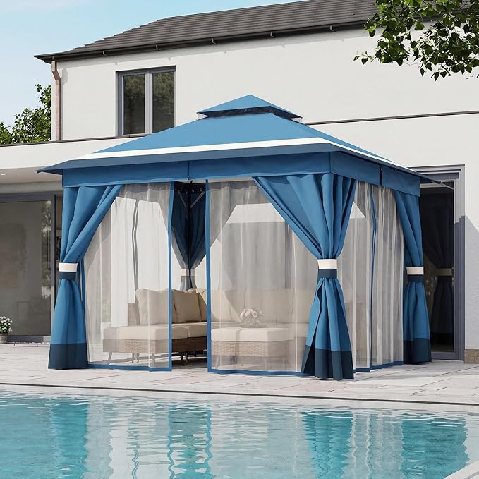 LAUSAINT HOME 10'x10' Outdoor Gazebo, Metal Frame Heavy Duty Patio Canopy Tent Shelter with Double Roofs, Mosquito Nettings and Privacy Screens for Backyard, Garden, Lawn, Steel Blue