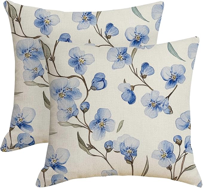 Outdoor Blue Floral Throw Pillow Covers 20x20 inch Set of 2 Waterproof Flower Pillow Cases Limonium Decorative Cushion Covers for Patio Garden Balcony