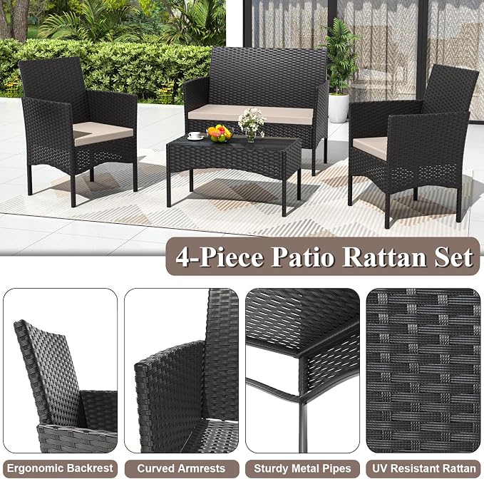 4 Piece Patio Rattan Conversation Set, Outdoor Rattan Chair Wicker Furniture Set, Couple Seats and Tempered Glass Table,Comfort Seat for Patio, Pool or Backyard