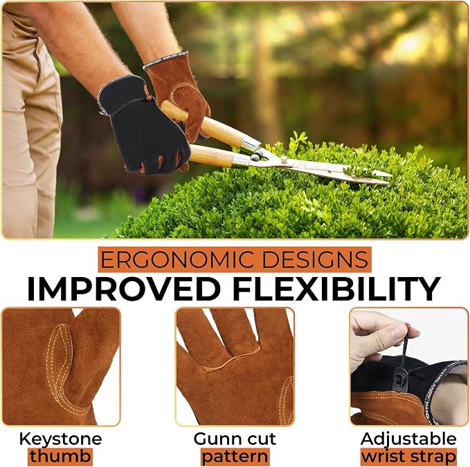 HANDLANDY Leather Gardening Gloves, Leather Work Gloves for Men Women | Durable Utility Men Women Garden Yard Working Glove, for Landscaping, Mechanic, Construction, Driving, Farming, Ranching