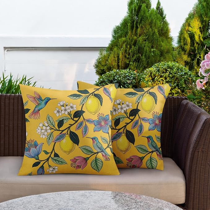 Throw Pillow Covers, Yellow Bird Floral, 18 x 18 Inch, Set of 2 | Outdoor Waterproof Pillowcase Square Cushion Case Farmhouse Garden Decorative Pillows for Couch Beach Patio