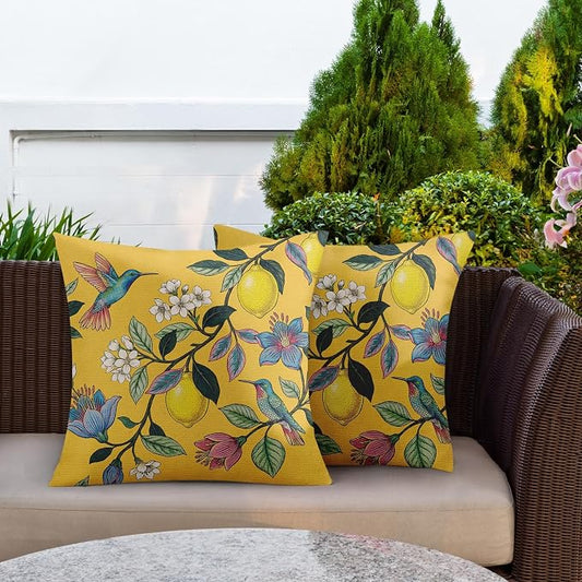 Throw Pillow Covers, Yellow Bird Floral, 18 x 18 Inch, Set of 2 | Outdoor Waterproof Pillowcase Square Cushion Case Farmhouse Garden Decorative Pillows for Couch Beach Patio