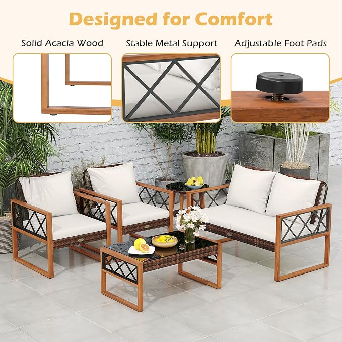 Tangkula 5 Pieces Wicker Patio Conversation Furniture Set, Outdoor Glass Coffee Tables with Acacia Wood Frame and Cushioned Armchairs for Deck, Garden and Backyard