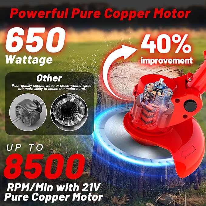 Electric Weed Wacker Cordless Weed Eater Battery Powered 21V, 4-in-1 Brush Cutter/String Trimmer/Grass Trimmer/Lawn Mower, 6 inch Edger Stringless Weed Trimmer with Wheel & Blade, 2 Battery(Red)