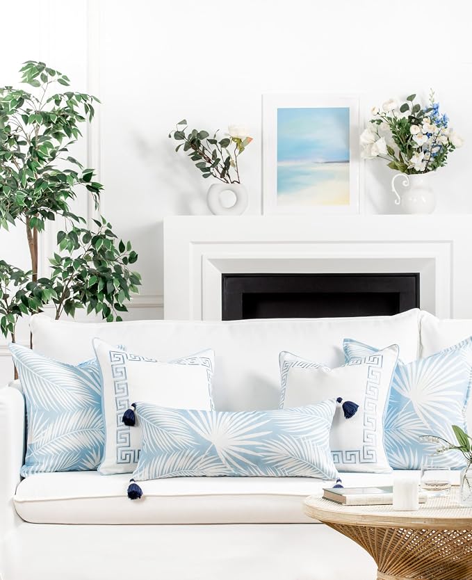 Hofdeco Premium Coastal Patio Indoor Outdoor Long Lumbar Pillow Cover Only, 12"x26" Water Repellent for Backyard, Couch, Baby Blue Palm Leaf with Tassels