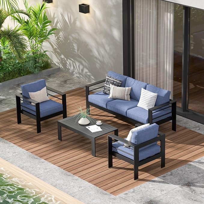 Wisteria Lane Aluminum Patio Furniture Set for All Weather, Oversized Metal Outdoor Furniture Set with 27.5" Deep Seat and 10" Back Cushion, Patio Conversation Sets with Wide armrest, Blue