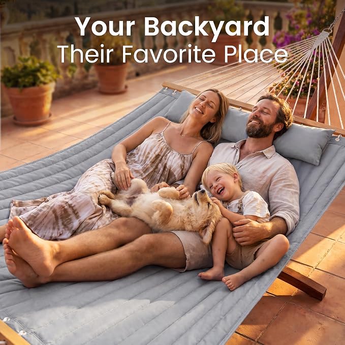 Everyfun Double Hammock with Spreader Bar & Pillow, Portable 500lbs Capacity for Outdoor, Camping, Patio, Backyard Relaxation,Gray