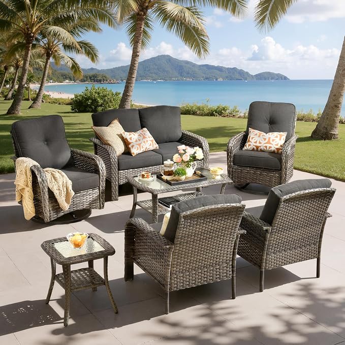 7-Piece Outdoor Patio Furniture Set with Swivel Chairs, Outdoor Conversation Wicker Sofa with Coffee Table, Rattan Couch for Deck Yard Poolside, Black