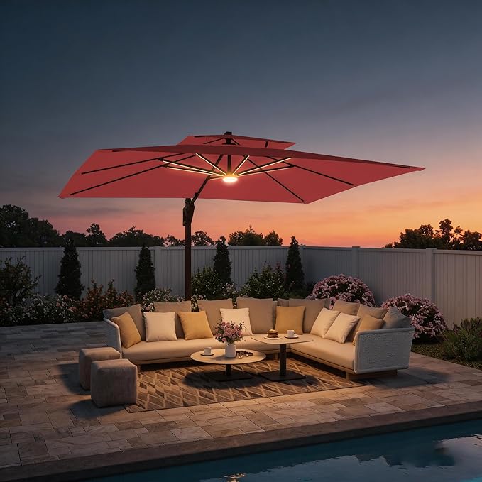 9 X 12 FT Cantilever Outdoor Patio Umbrella with LED Lights Large Heavy Duty 360° Rotation Double Top Offset Rectangular Umbrellas for Backyard Garden Pool Outside Deck, Red