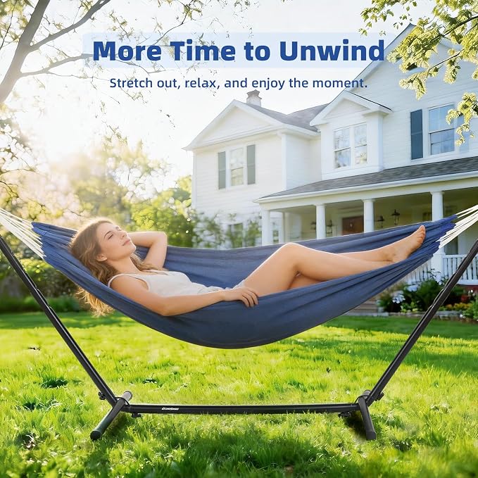 EchoSmile Double Hammock with Detachable Stand - 480 lbs Heavy Duty 2 Person Adjustable Hooks Indoor Outdoor Stand Hammock Durable Steel Frame, Blue