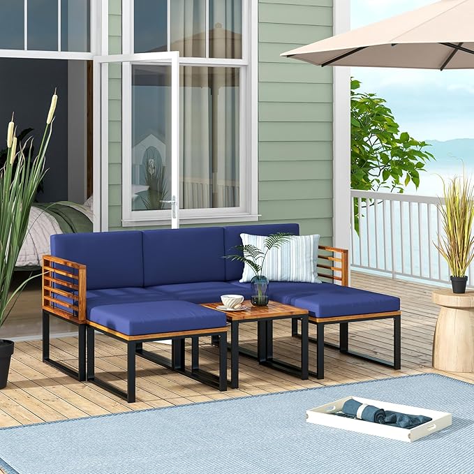 Tangkula 6 Pieces Acacia Wood Patio Furniture Set, Outdoor Sectional Conversation Sofa Set with Cushions, Coffee Table and Ottomans, Metal Frame Patio Sofas for Garden, Poolside, Backyard, Navy