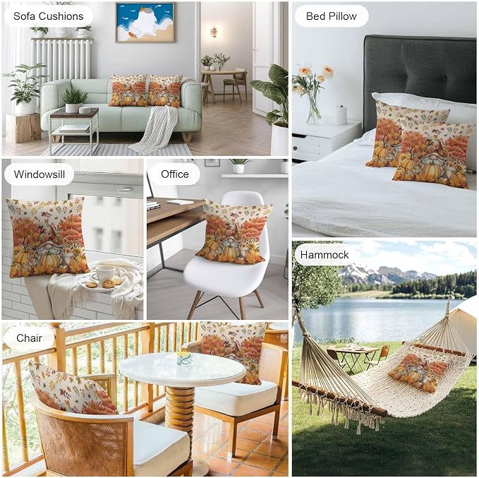 Fall Gnomes Pumpkin Outdoor Waterproof Pillow Covers, Maple Leaves Animal Country Vintage Decorative Square Throw Pillowcase Sofa Cushion Sham for Patio/Couch/Chair, 20"x20" 2 Pack