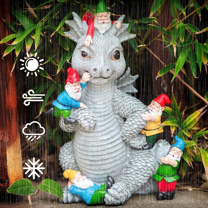 Dragon Garden Statue, Dinosaur Play with Gnomes Garden Statues, Garden Gift | 13'' Resin Porch Dinosaur Garden Dragon for Yard, Patio, Porch, Lawn, Outdoor Decor and Gifts for Mother Grandma or Father