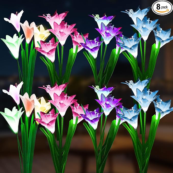 SOLARBABY Solar Lights Outdoor - Lily Flower Solar Garden Lights, 8 Pack Lights Outdoor Waterproof Multicolor Changing LED Flower with Bigger Lily for Patio Yard Pathway Balcony