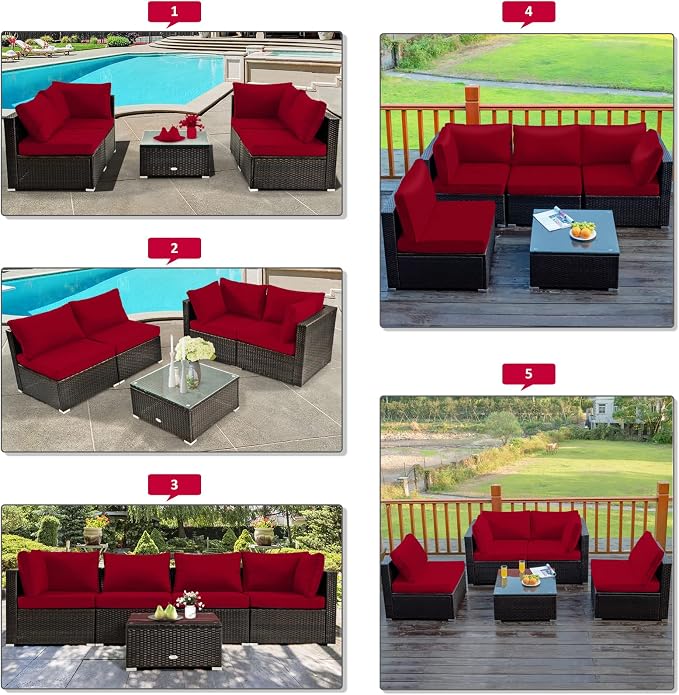 Tangkula 6 Piece Outdoor Rattan Sofa Set with 30in Propane Gas Fire Table, Ceramic Fire Tabletop, 50,000 BTU Heat Output, Cushions & Fire Pit Dust Cover, Patiojoy Weatherproof Wicker Set (Red)