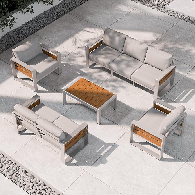 ZANDOR Aluminum Outdoor Patio Furniture Set with Coffee Table, 7 Seats Patio Conversation Sets with Washable Thick Cushions, Outdoor Sectional for Porch, Backyard, Deck, Garden & Poolside, Silver