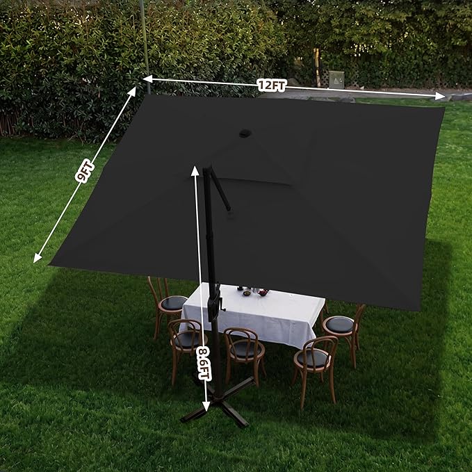 9 X 12 FT Cantilever Outdoor Patio Umbrella with LED Lights Large Heavy Duty 360° Rotation Double Top Offset Rectangular Umbrellas for Backyard Garden Pool Outside Deck, Black