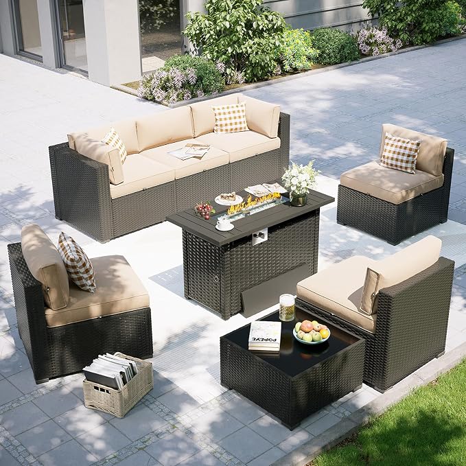 Aoxun Patio Furniture Set with Fire Pit Table, 8 Piece Outdoor Sectional Sofas, Wicker Rattan Outdoor Furniture with Thickened Cushion for Backyard, Garden Beige