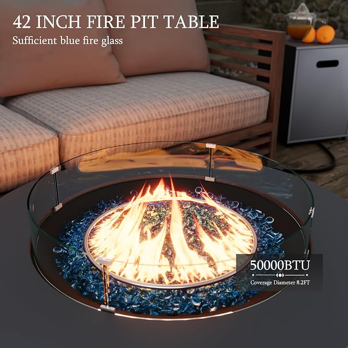 UPHA 7 Pieces Patio Furniture Set with 42" Propane Gas Fire Pit Table, Metal Outdoor Sectional Couch Set with Loveseat & 3-Seat Sofa, Modern Patio Conversation Set for Porch Balcony Deck, Beige