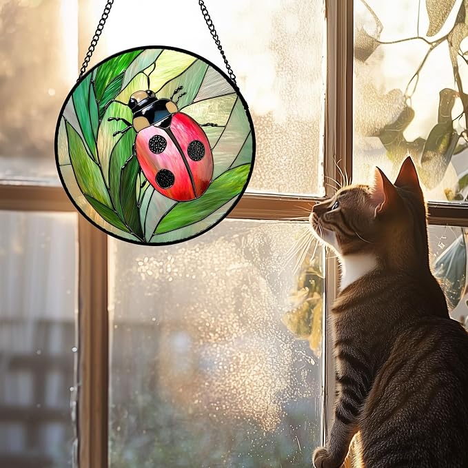 DASTOLL Stained Glass Window Hanging 4 Pcs Set Pink Green Insect Theme 7.8" - Butterfly Suncatcher Door Garden Sun Catcher Decor Birthday Christmas for Mom Woman Nana Men