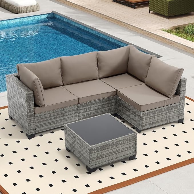 Bonzy Home 5 Pieces Outdoor Patio Furniture Set, PE Rattan Outdoor Sectional Furniture Sofa Set with Removable Cover and Glass Coffee Table, Patio Sofa for Balcony, Porch, Garden, (Grey-Khaki)