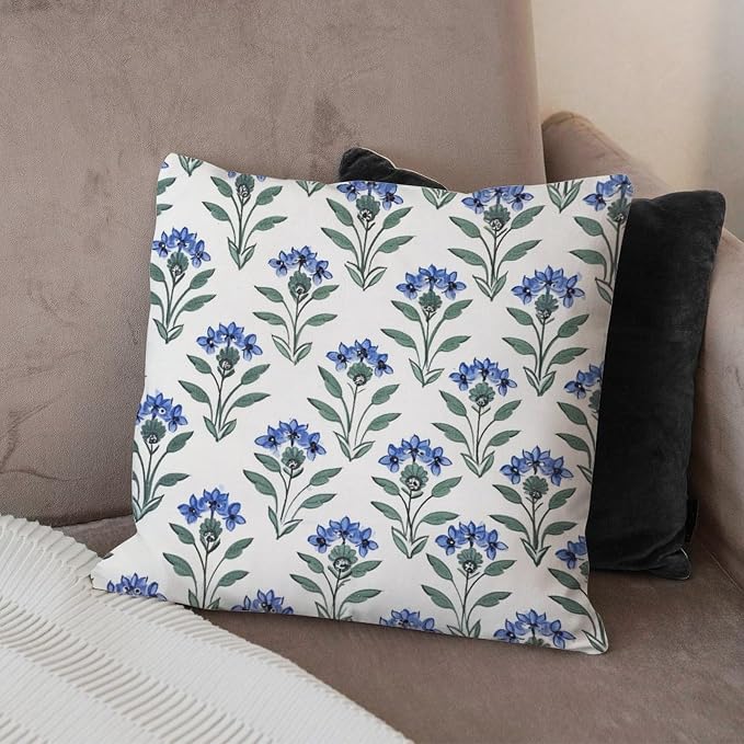 Mughal Flower Pillow Cover Blue Lotus Floral Throw Pillow Cover Classic Square Couch Sofa Cushion Covers for Patio Furniture Garden 24x24 in