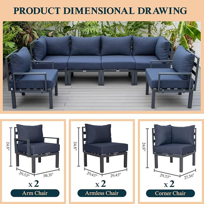 LeisureMod 6-Piece Patio Sectional Set in Black Aluminum with Removable Blue Cushions for Patio and Backyard Garden