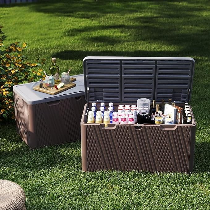 110 Gallon Outdoor Storage Box, Waterproof Patio Deck Box with Lockable Lid, Heavy-Duty HDPE Bench for Garden Tools, Cushions, Brown