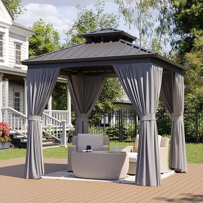 Aoxun 8 FTx 8FT Hardtop Gazebo with Double Galvanized Steel Roof, Outdoor Pavilion with Breathable Netting & Privacy Curtain for Backyard, Patio - Versatile for Family Gatherings, Carport (Gray)