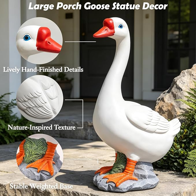 Large Porch Goose Statue 20 Inch, Resin Front Porch Goose Decor, Geese Decor Lawn and Garden Statue for Patio, Balcony,Yard Decorations, Housewarming Birthday Gifts,White