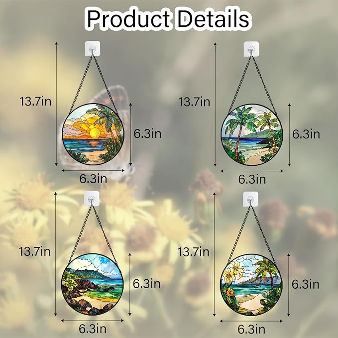 DASTOLL Stained Glass Window Hanging 4 Pcs Set Blue Ocean Coconut Tree Scenery 6.3" - Suncatcher Door Garden Sun Catcher Decor Birthday Christmas for Mom Woman Nana Men