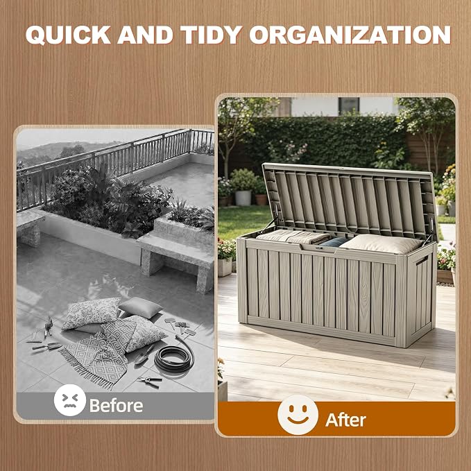EFU Outdoor Storage Box 120 Gallon Deck Box (Indoor & Outdoor) Lockable UV Resistance Waterproof Resin Storage Bin Storage Box for Outdoor,Patio Storage With Support Rod(Taupe)