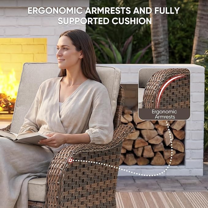 Patio Furniture Set - 9 Pieces All Weather Wicker Outdoor Furniture with 4 Swivel Chairs, 2 Ottomans, 1 Sofa, 1 Side Table and Fire Pit Table, Ergonomic Design for Porch, Deck, and Backyard(Beige)