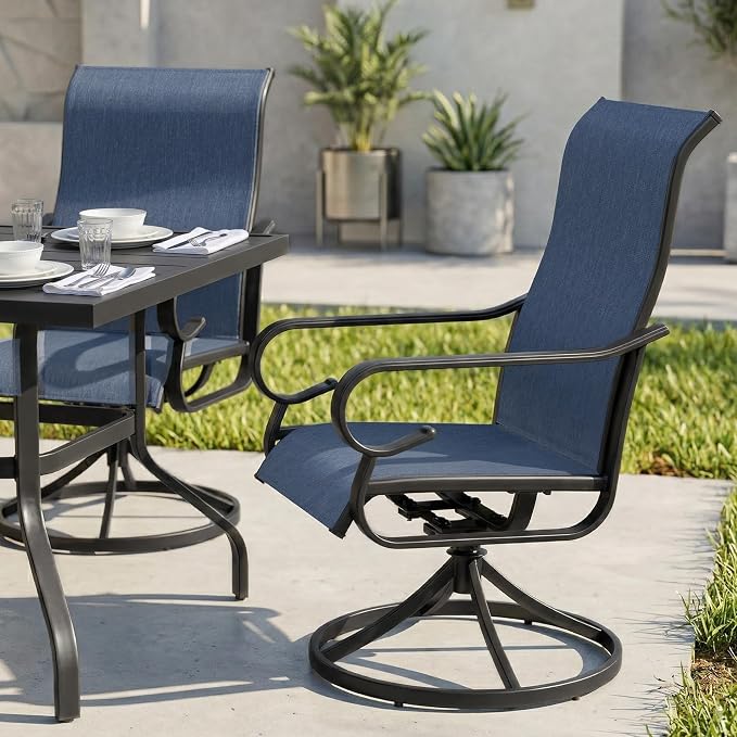NUU GARDEN 7-Piece Patio Dining Set for 6, Textilene Swivel Chairs | All-weather blue patio furniture set for 6. Breathable textilene swivel rockers. Large table with umbrella hole