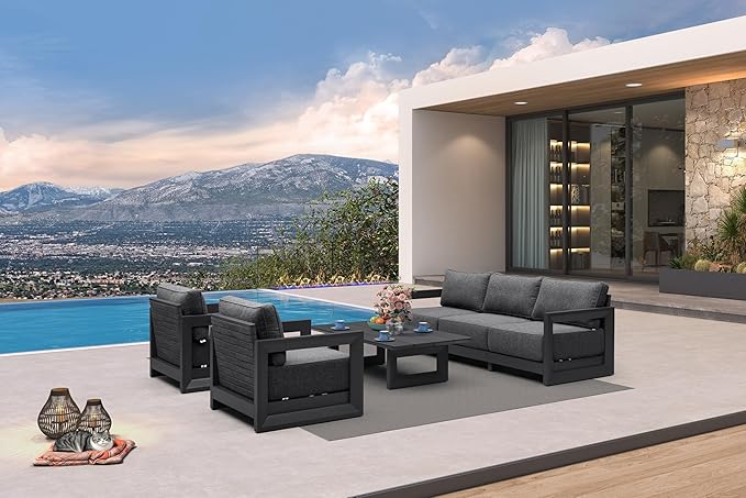 PURPLE LEAF Patio Furniture Set Open-End Outdoor Couch with 9.6" Thick Cushion and Soft Pillows 6 Piece Outdoor Sectional Sofas with Table Modern Outdoor Conversation Sets for Yard Porch Deck, Grey