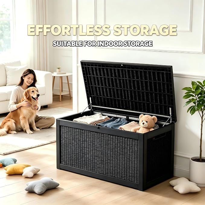 328 Gallon Waterproof Outdoor Storage Box, Heavy Duty Resin Deck Box Lockable, Large Outside Patio Storage Bench for Garden Tools & Pool Accessories, Hydraulic Lift, All-Season UV-Resistant, Black