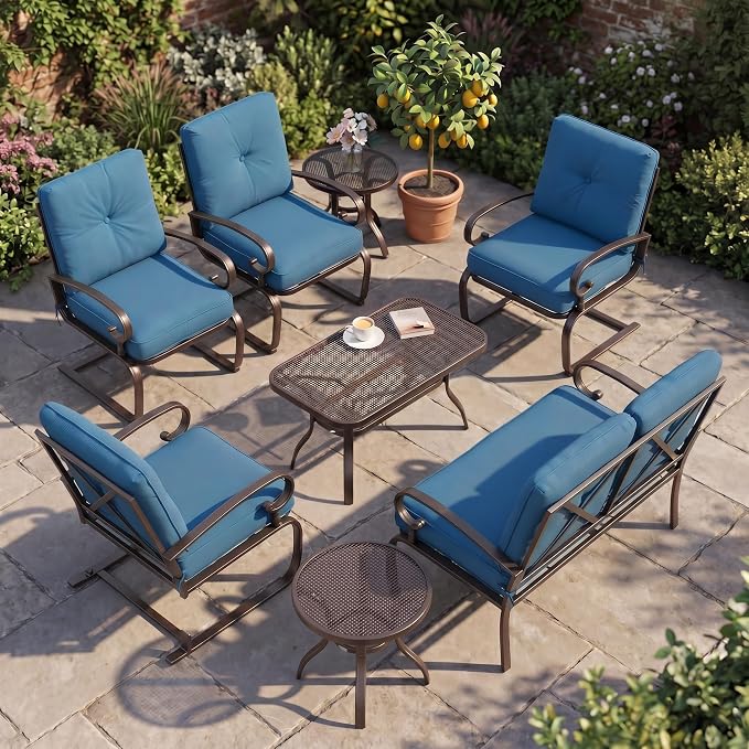 Incbruce 7 Pcs(6 Seats) Wrought Iron Patio Conversation Sets (1 Loveseat, 2 Table, 2 Spring Chair, 2 Dining Chairs), Outdoor Metal Furniture Sets with Peacock Blue Cushion