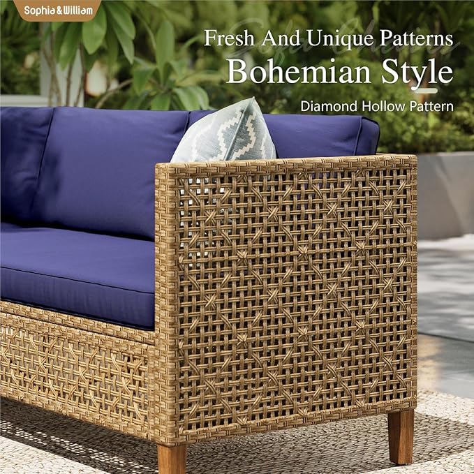 Sophia and William Wicker Patio Furniture Set, Boho Outdoor Conversation Set Rattan Sectional Sets with Acacia Wood Coffee Table for Garden, Porch, Deck(4 Seats, Navy Blue)