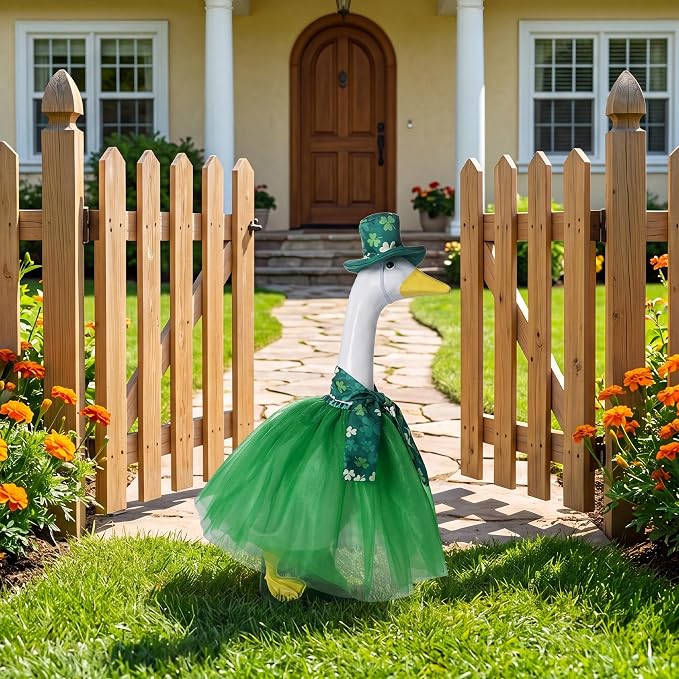 Summer Porch Goose Outfit Set with Floral Dress & Hat for 23" Goose Statue (Green)
