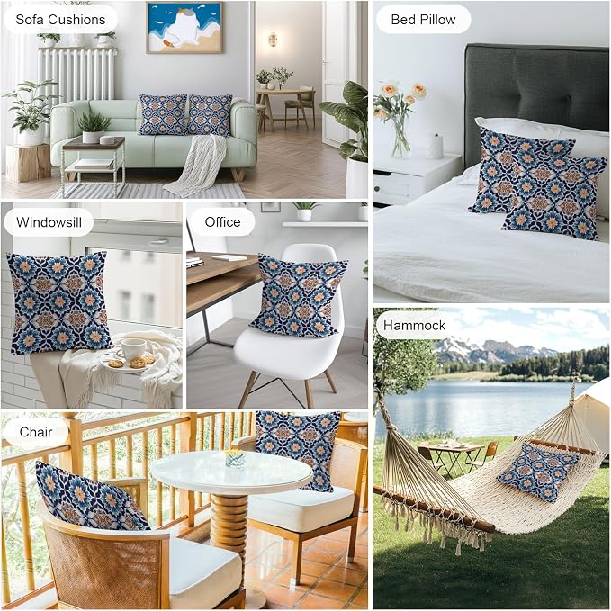 Orange Blue Outdoor Pillow Covers 16x16 Inch Throw Pillow Covers Set of 2 Waterproof Decorative Pillow Cases Morocco Boho Abstract Floral Ethnic Tribal Cushion Covers for Patio Furniture Garden Couch