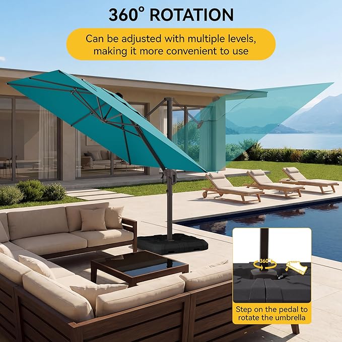 10x10FT Cantilever Outdoor Umbrella with Base, 360° Rotating Large Offset Square Patio Umbrella, Ideal for Garden Backyard Deck Courtyard, Turquoise